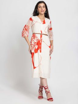 SHAYE - Beige V-Neck Floral Print Casual Midi Dress with Belt