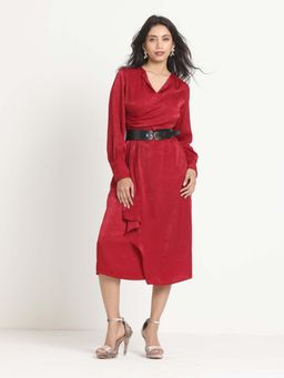 SHAYE - Red V-Neck Solid Full Sleeves Casual Midi Dress with Belt