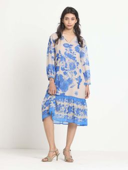 SHAYE - Beige Round Neck Floral Print Three-Quarter Sleeves Casual Midi Dress For Women