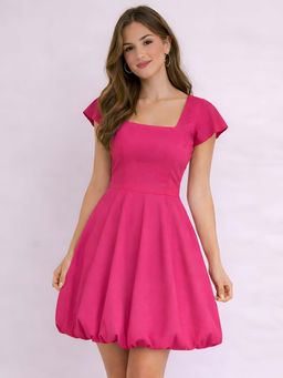 SHAYE - Dark Pink Square Neck Solid Short Sleeves Casual Mini Dress For Women