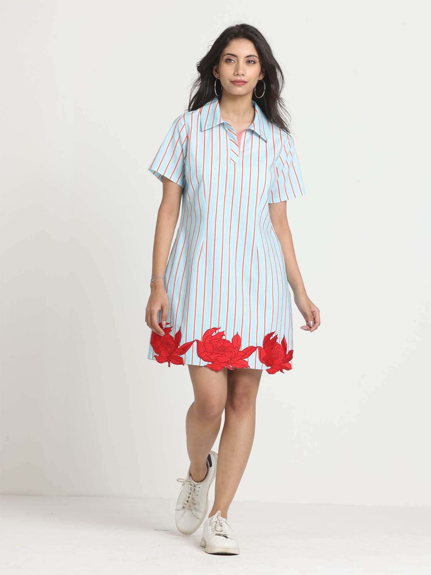 shaye Blue Shirt Collar Stripe Print Short Sleeves Casual Mini Dress For Women-picture-16