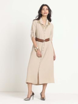 SHAYE - Beige Spread Collar Solid Short Sleeves Casual Midi Dress with Belt