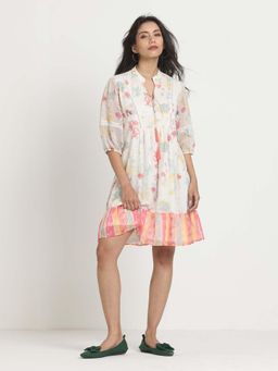 SHAYE - Beige V-Neck Printed Casual Knee Dress For Women