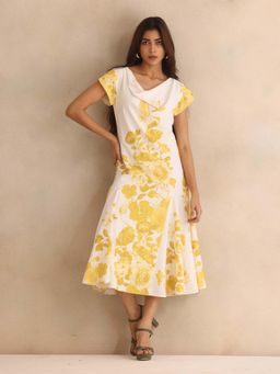 SHAYE - White Cowl Neck Floral Print Short Sleeves Casual Midi Dress For Women