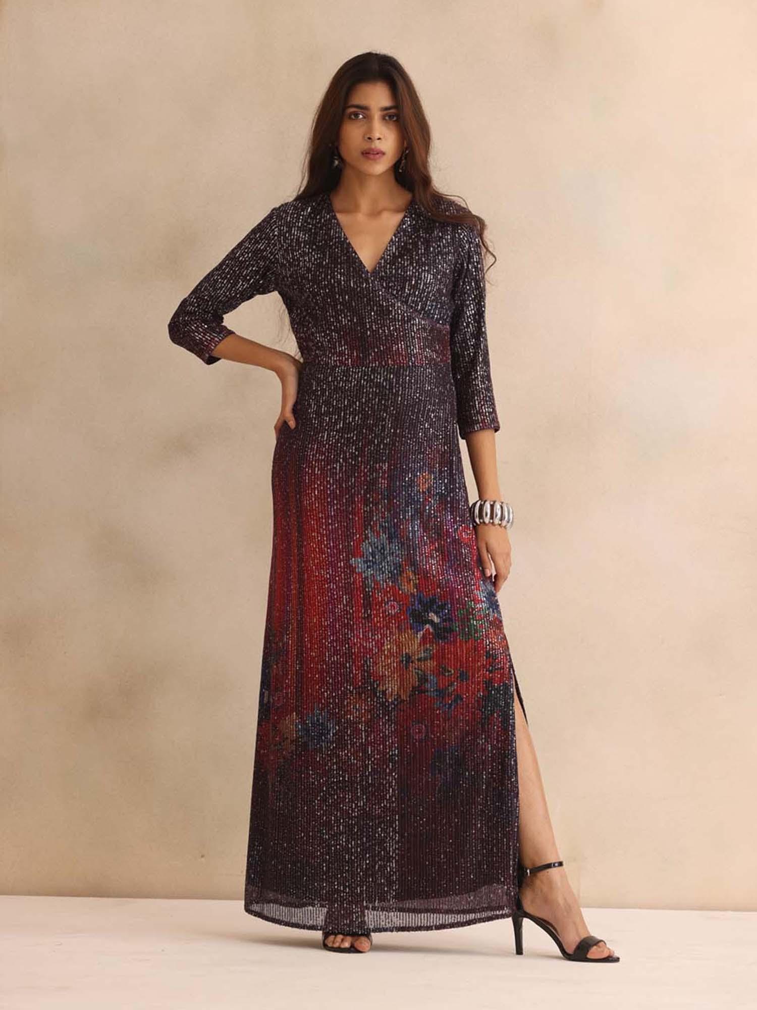 shaye Purple V-Neck Printed and Sequin Short Sleeves Party Maxi Dress For Women-picture-18
