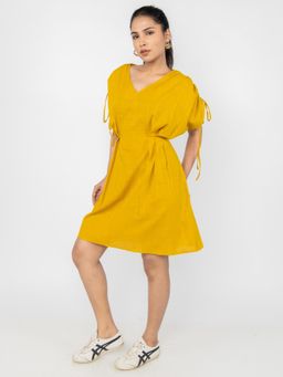 PRET PITAARA - Mustard Linen Tie Up Mini Dress