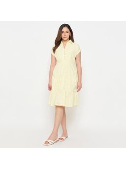 Madame - Butter Yellow Embroidered Cotton Tiered Knee Dress