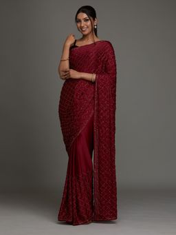 Koskii - Maroon Swarovski Shimmer Saree with Unstitched Blouse