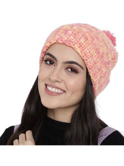 Magic Needles - Women Peach-Coloured Yellow Handmade Beanie with Pompom Detail