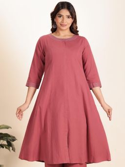 ARAMYA - Women Linen Cotton A-Line Solid Pink Kurta