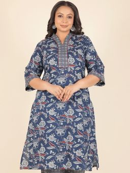 ARAMYA - Women Soft Cotton Straight Floral Print Blue Kurta