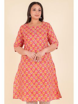 ARAMYA - Women Soft Cotton A-Line Floral Print Pink Kurta
