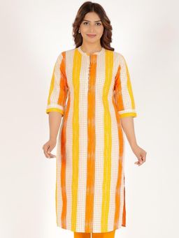 ARAMYA - Women Soft Cotton Straight Checkered Print Yellow Kurta