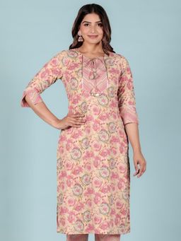 ARAMYA - Women Soft Cotton Floral Print Pink Kurta