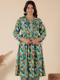 ARAMYA - Women Soft Cotton A-Line Foliage Print Green Kurta
