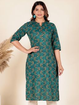 ARAMYA - Women Soft Cotton Floral Print Green Kurta
