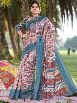 Akhilam - Womens Dola Silk Off White Printed Designer Saree with Unstitched Blouse