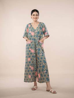 Freedom Tree - Women Kiwach Goldenrod Blue Cotton Geometric Printed Jumpsuit