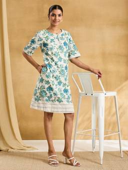 Fabindia - Off White Cotton Hand Block Printed Short Dress
