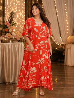 Qurvii - Orange Floral Wrap A-Line Dress