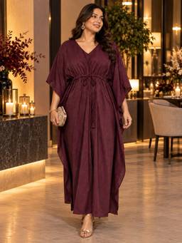 Qurvii - Burgundy Gold Zari Long Kaftan Dress