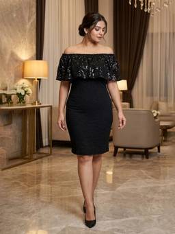 Qurvii - Black Off Shoulder Sequins Bodycon Dress