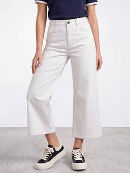 R&B - Women Ivory Mid-Rise Relaxed Wide leg Culottes Jeans