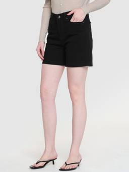 Xpose - Women Black Regular Fit Mid-Rise Distressed Cotton Denim Shorts