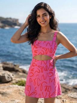 AOBA - Pink Scribble Print Cutout Fit And Flare Dress