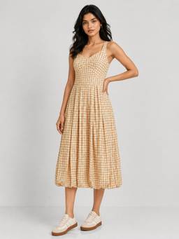 max - Beige Women Checked Balloon Ethnic Dress