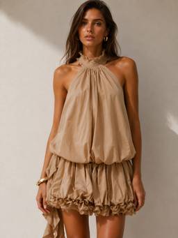 MISS MOSA BY AKANKSHA - Beige Isolde Halterneck Ruffle Mini Dress