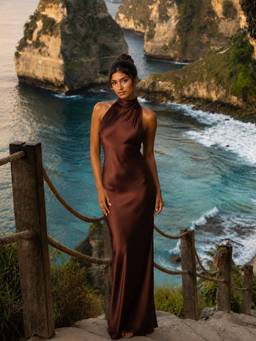 MISS MOSA BY AKANKSHA - Brown Rachel Halterneck Slit Maxi Dress