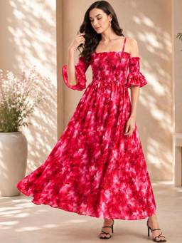 PANIT - Red Floral Shoulder Straps Smocked Maxi Dress