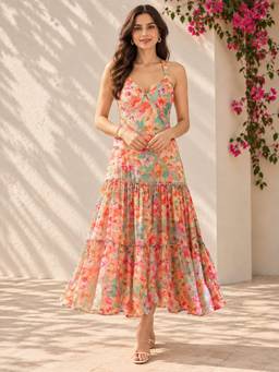 PANIT - Multi-Color Women Floral Printed Tiered Maxi Dress