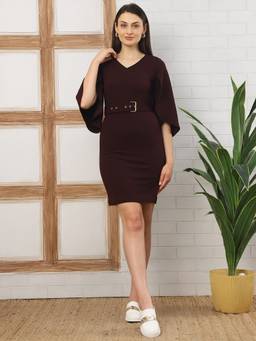 JAKANARY - Brown Cape Sleeve Sheath Dress With Belt
