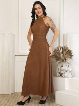 JAKANARY - Brown Halter Neck A-Line Maxi Dress