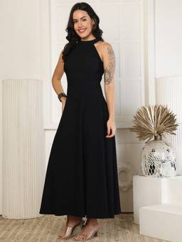 JAKANARY - Black Halter Neck A-Line Maxi Dress