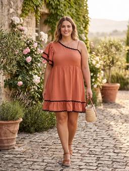 JAKANARY - Rust Flared Sleeve Ruffled A-Line Dress
