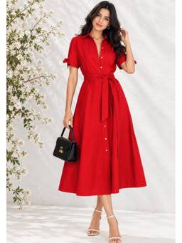 Lounge Dreams - Red Poplin Shirt Dress With Belt