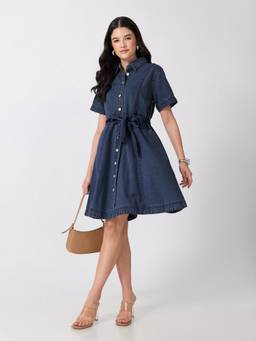 SHOWOFFFF - Women's Dark Blue Denim Mini Tie-Up Dress With Belt