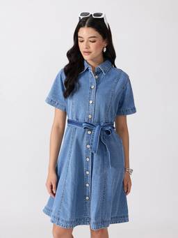 SHOWOFFFF - Women's Light Blue Denim Mini Tie-Up Dress With Belt