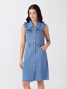 SHOWOFFFF - Women's Blue Denim Sleeveless Mini Rhinestone Embellishments Dress