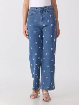 SHOWOFFFF - Women’s Embellished Blue High Rise Pearl Floral Detailing Straight Leg Jeans