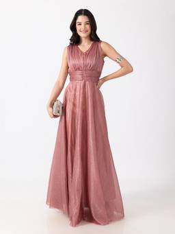 SHOWOFFFF - Women's Embellished Pink Sleeveless V-Neck Ruched Waist Smocked Back Gown