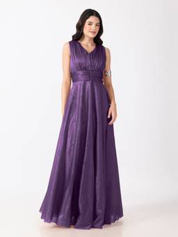SHOWOFFFF - Women's Embellished Purple Sleeveless V-Neck Ruched Waist Smocked Back Gown