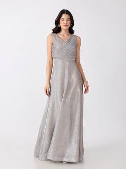 SHOWOFFFF - Women's Embellished Grey V-Neck Sleeveless Smocked Back And Tie-Up Waist Gown