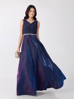 SHOWOFFFF - Women's Embellished Purple V-Neck Sleeveless Smocked Back And Tie-Up Waist Gown