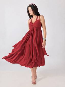 SHOWOFFFF - Women's Red Spaghetti Straps Midi Dress
