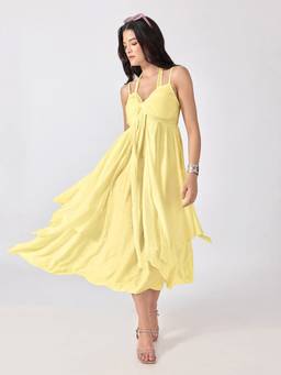 SHOWOFFFF - Women's Yellow Spaghetti Straps Midi Dress