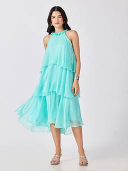 SHOWOFFFF - Women's Turquoise Tiered Ruffled Halter Neck Midi Dress